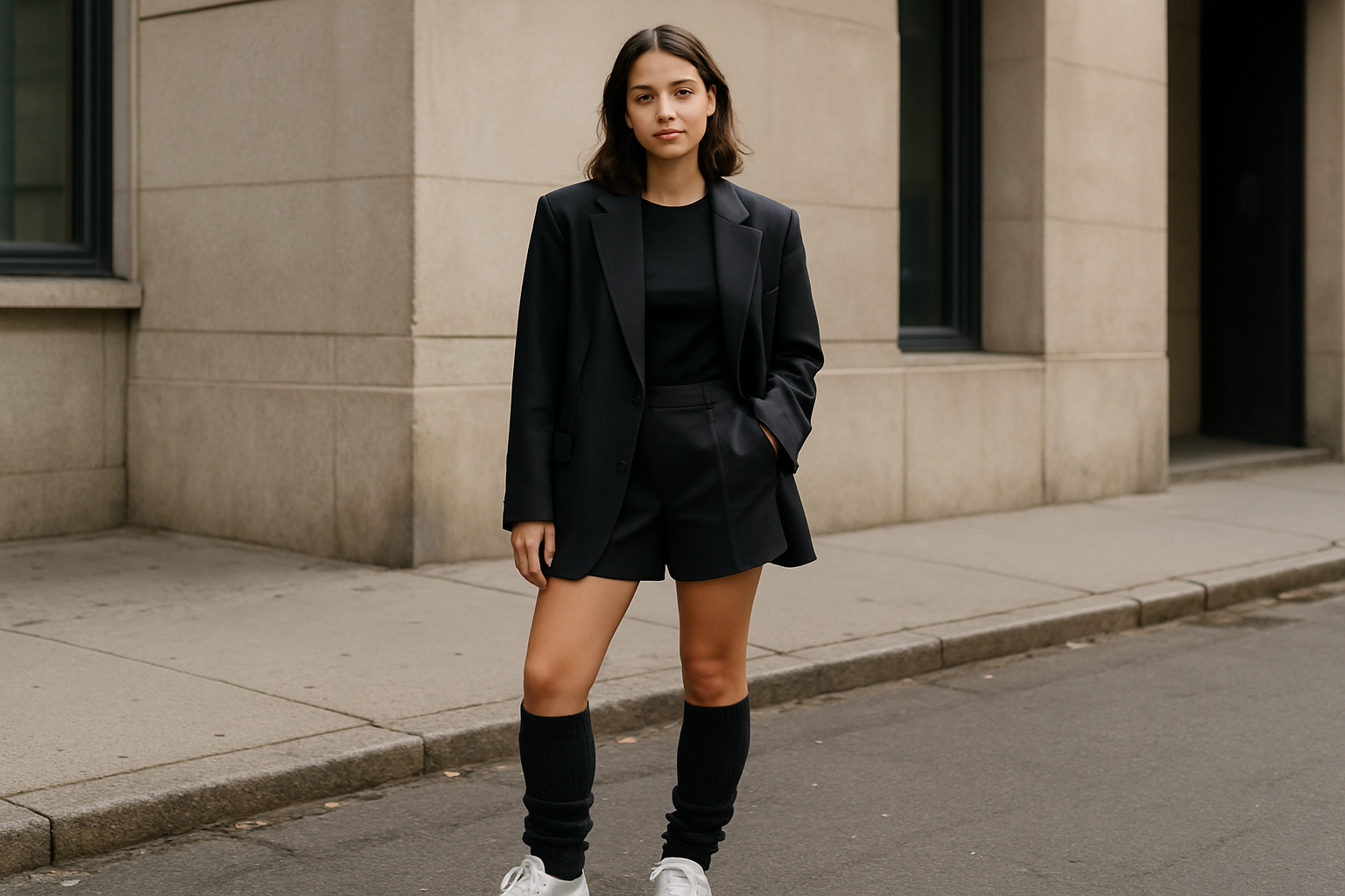 Transform activewear elements into street-ready sophistication by combining sleek leg warmers with tailored shorts and an oversized blazer