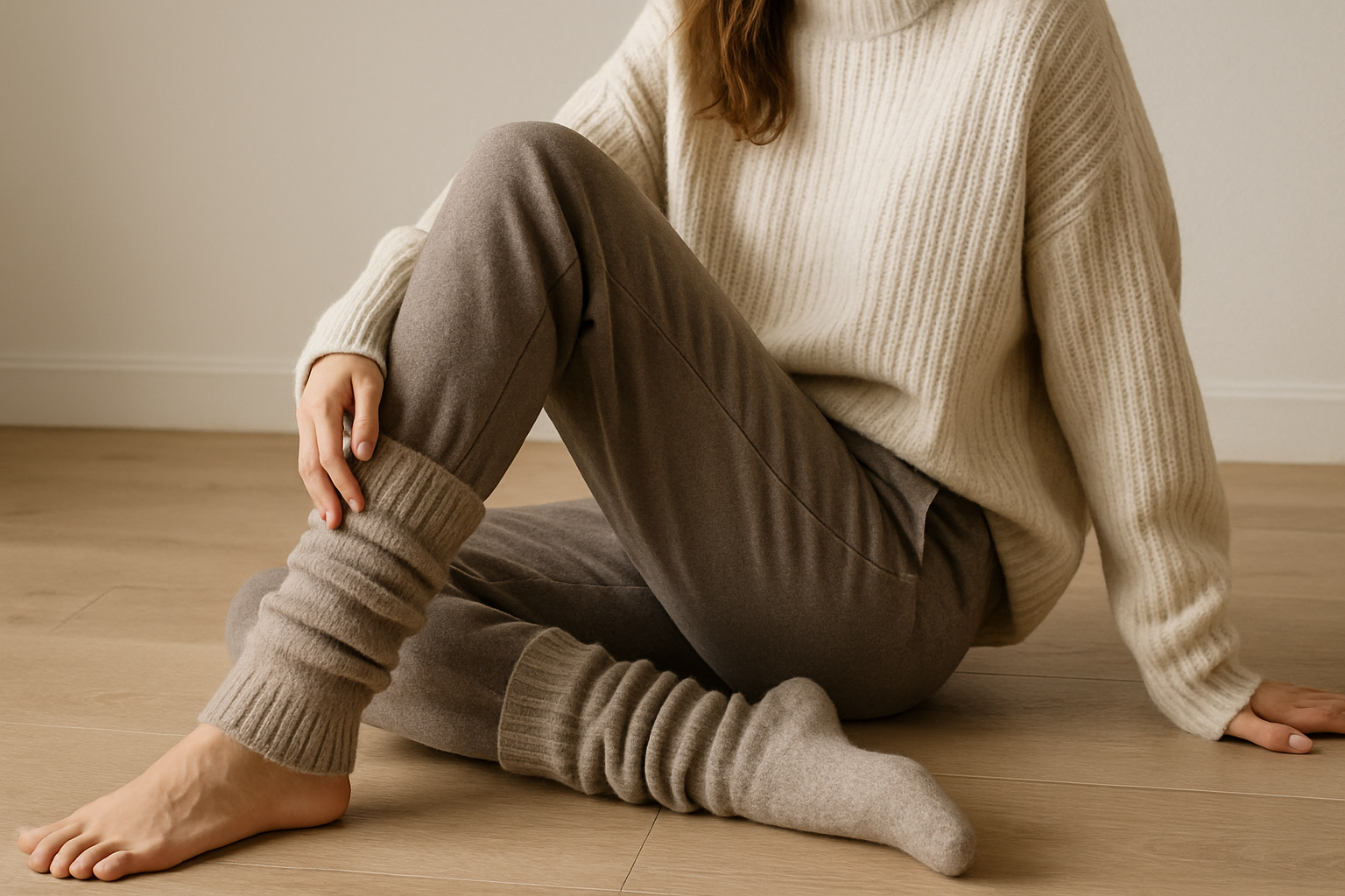 styling cashmere leg warmers with tailored joggers and an oversized knit sweater