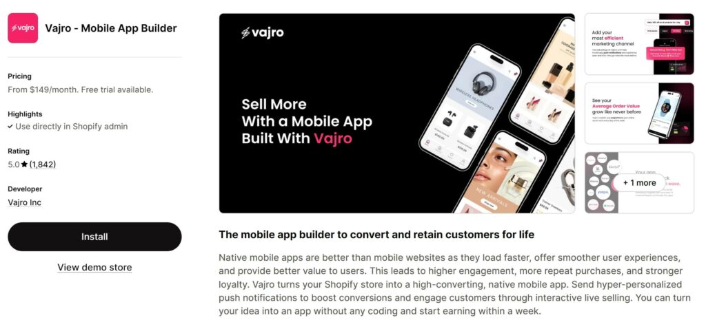 Vajro Mobile App Builder on Shopify