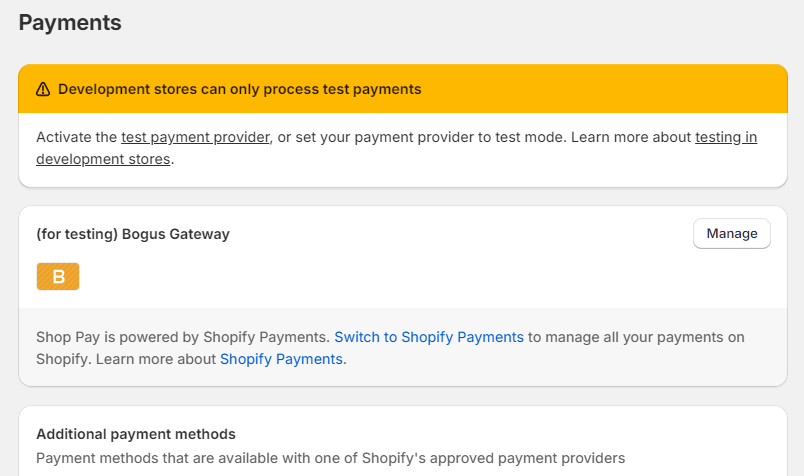 shopify payments settings in shopify