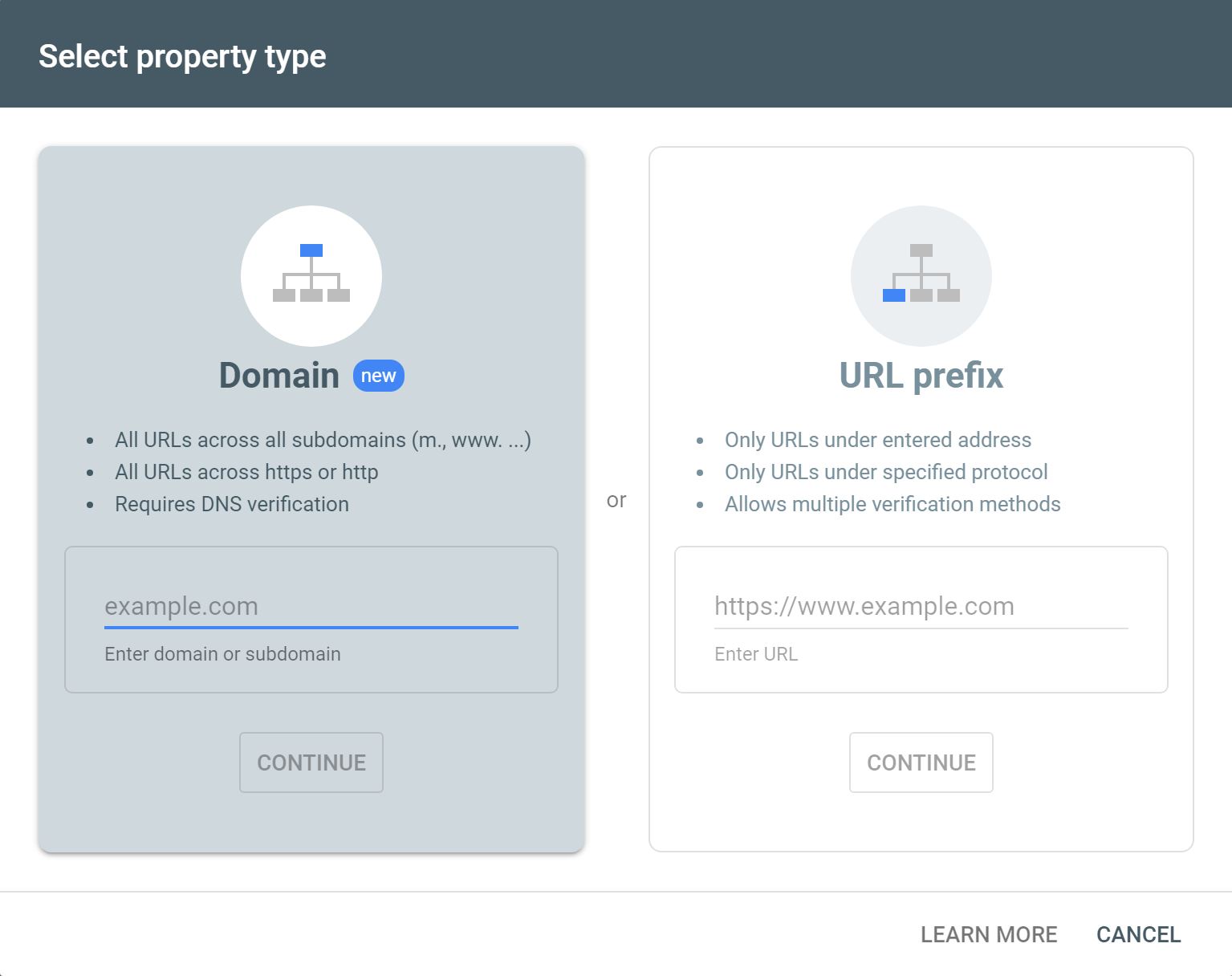 Google Search Console select property types pop up